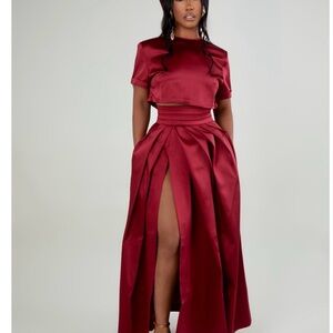 Wine Red Satin Maxi Dress with High Slit - Women's Two-Piece Evening Gown
